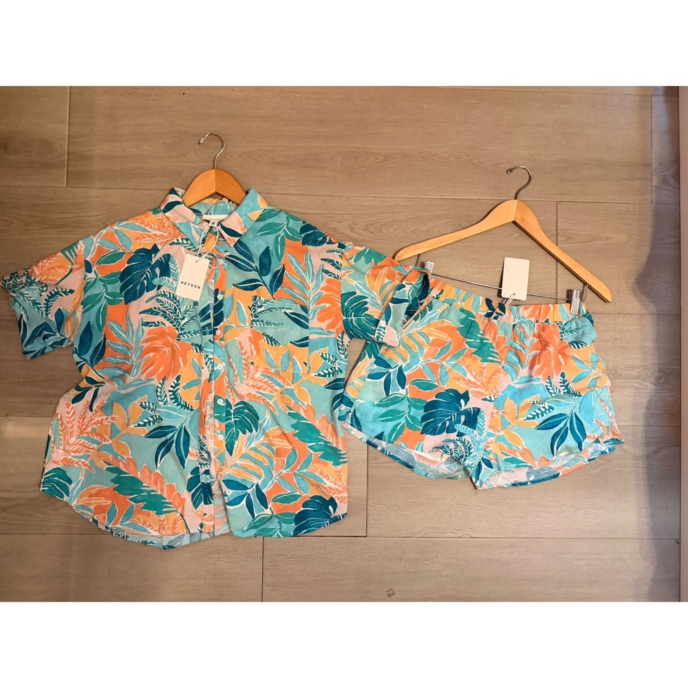 NWT Heyson Women's Medium Tropical Floral 2 Piece Set Shirt Shorts Teal Orange